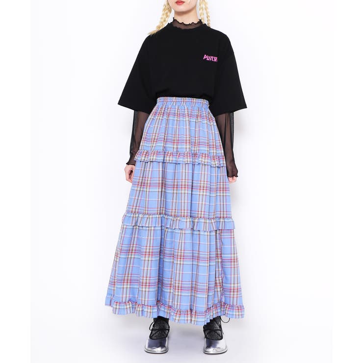 チェック　フリル　ロングスカート チェック服 チェック柄フリルロングスカート スカート|チェック