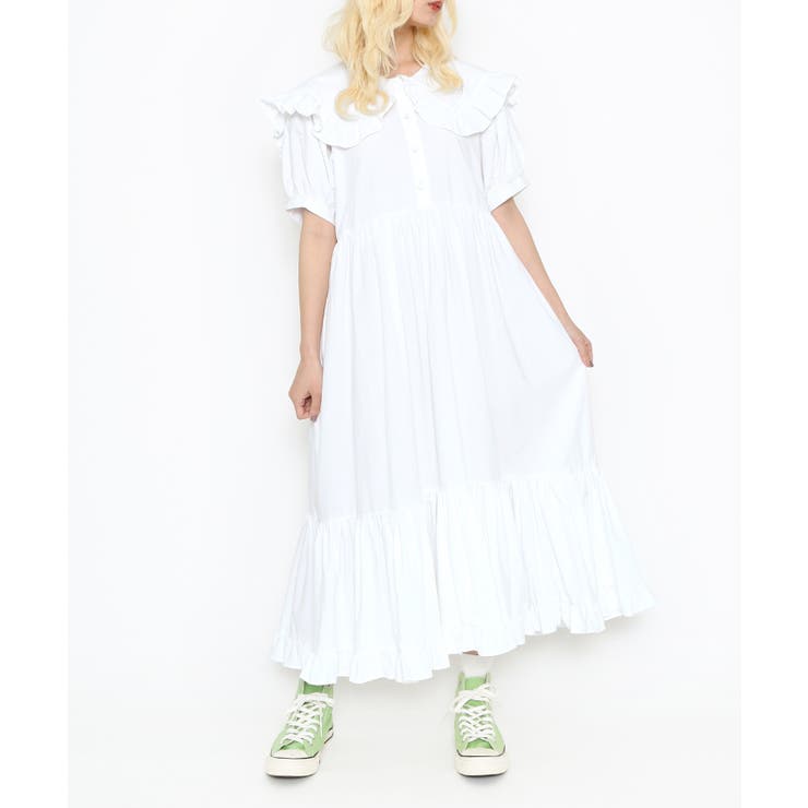 ビッグカラーフリルロングワンピース[品番：PNYW0004592