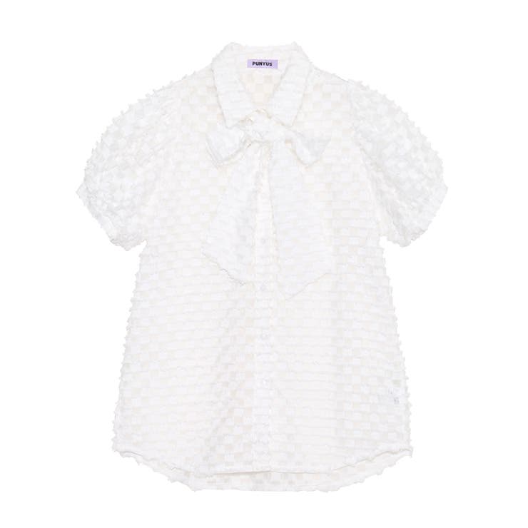 ホワイト | リボン付きシアー半袖ブラウス | PUNYUS 