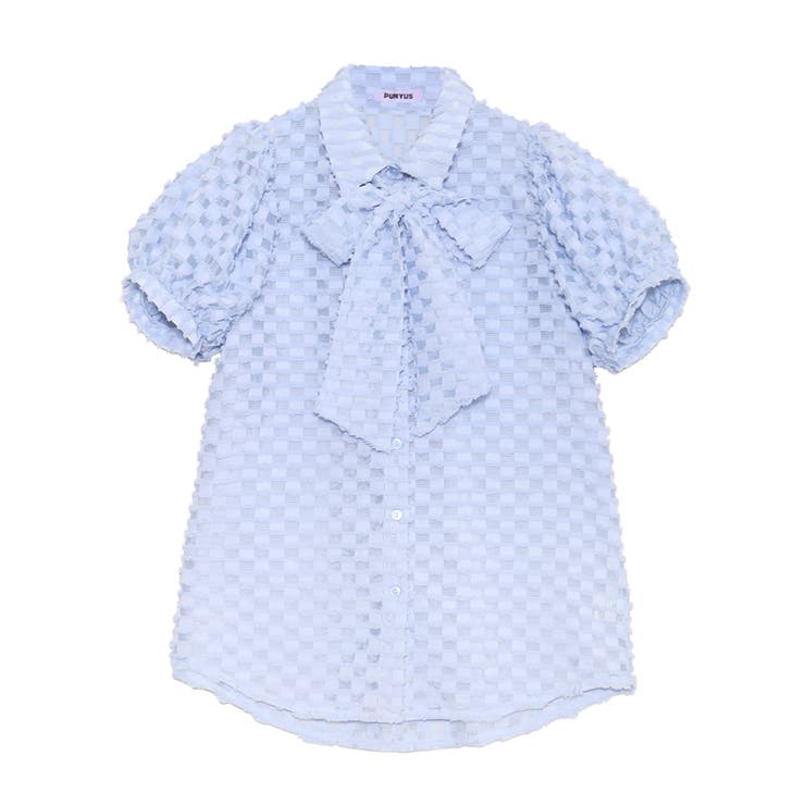 サックス | リボン付きシアー半袖ブラウス | PUNYUS 