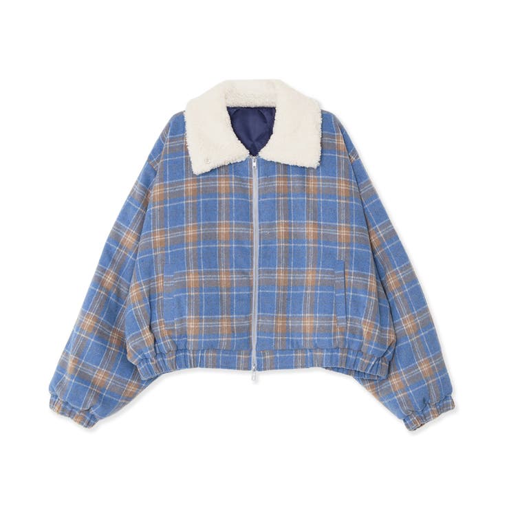 ブルー | ボア襟チェック柄ブルゾン | PUNYUS 