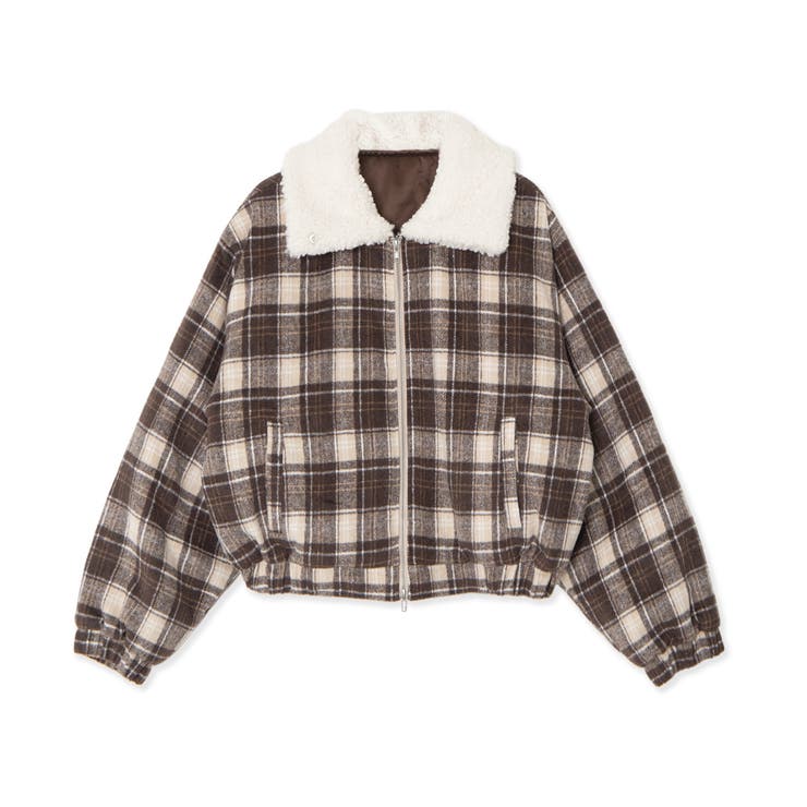 ブラウン | ボア襟チェック柄ブルゾン | PUNYUS 