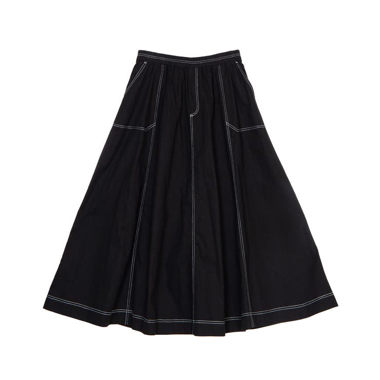 ブラック | ステッチフレアロングスカート | PUNYUS 