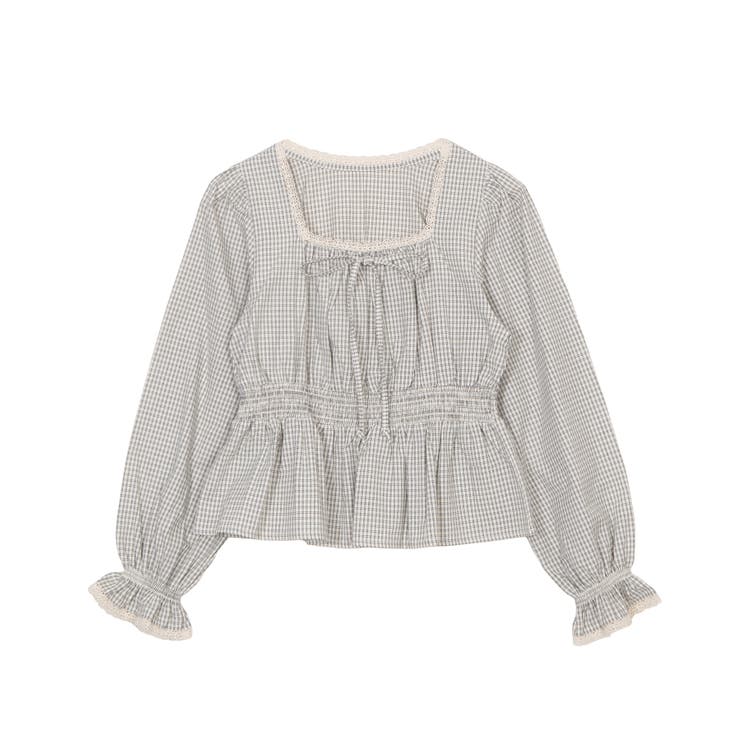 ホワイト | チェック柄パフスリーブブラウス | PUNYUS 