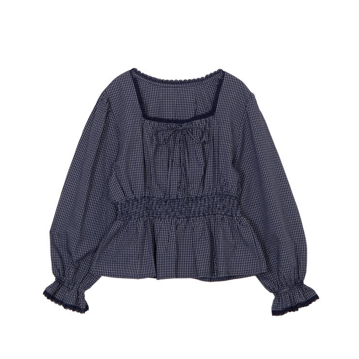 ネイビー | チェック柄パフスリーブブラウス | PUNYUS 