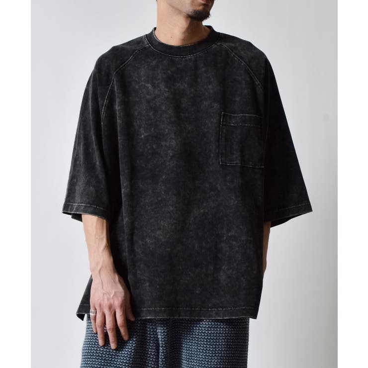 ブラック | スノーウォッシュラグランポケット付きコットン半袖Tシャツ | MODISH GAZE