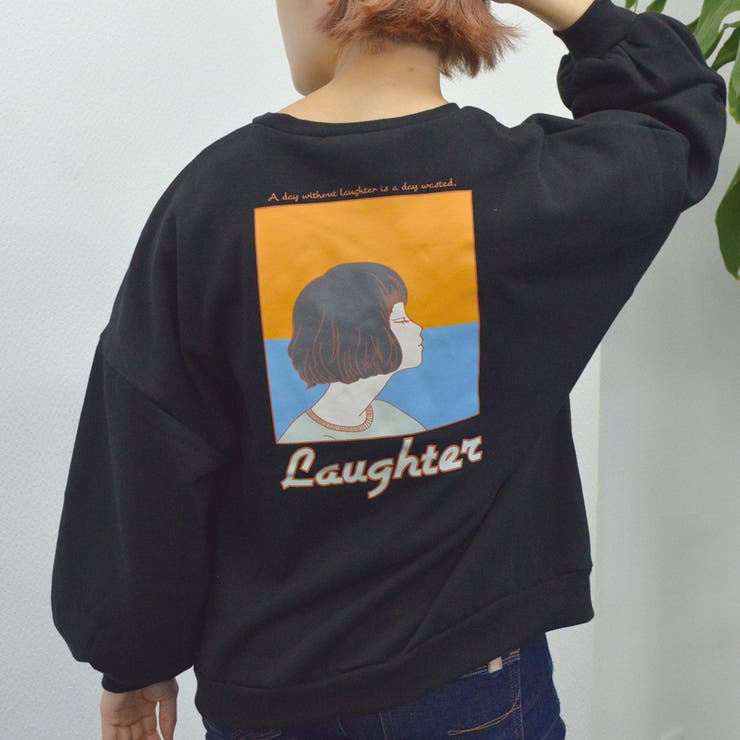 ブラック | 裏起毛プルオーバー(ガール イラスト) トレーナー | ＆soiree