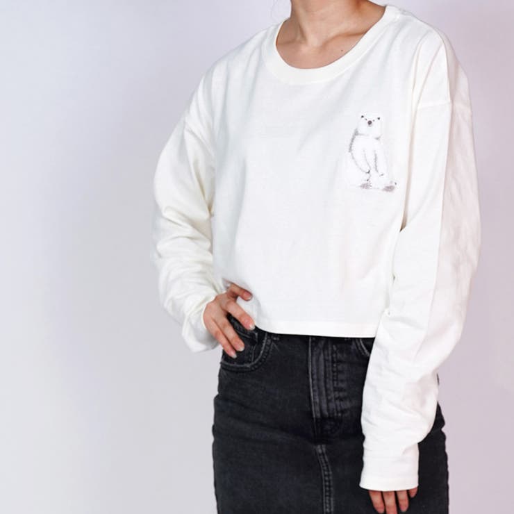 シロクマ刺繍クロップドロンT 白 クマ[品番：RADM0000729