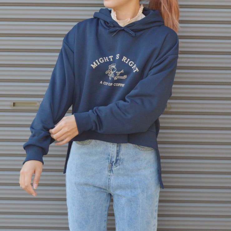 ネイビー | カフェ柄 裏起毛レイヤードパーカー | ＆soiree