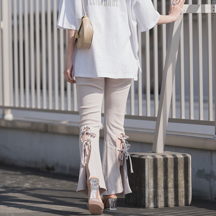 リブパンツ バックレースアップリブニットパンツ セクシー[品番