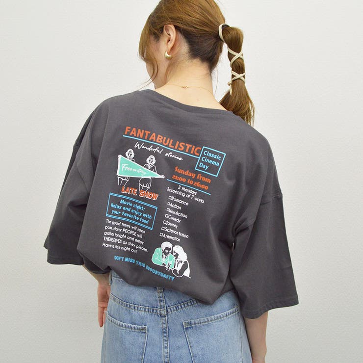 チャコール | イラストバックプリント半袖Tシャツ(レトロイラスト) | ＆soiree