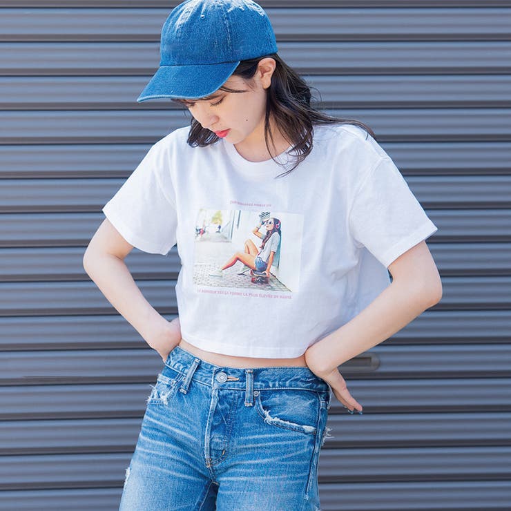 ホワイト | ショート丈Tシャツ(ガールフォト) プリントTシャツ 半袖 | ＆soiree