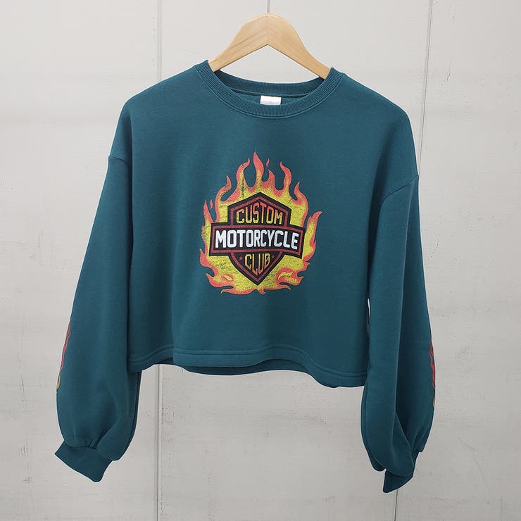 Ｄ／グリーン | ファイヤーロゴプリント裏起毛ショートトレーナー スウェット ショート丈トップス | ＆soiree