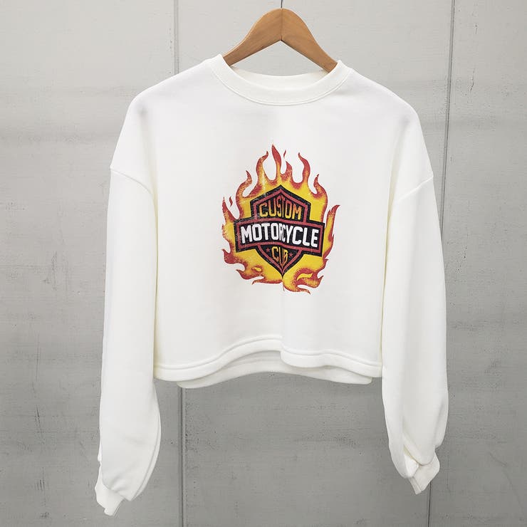 ホワイト | ファイヤーロゴプリント裏起毛ショートトレーナー スウェット ショート丈トップス | ＆soiree