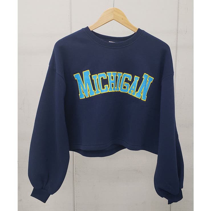 ネイビー | カレッジロゴショート丈裏起毛トレーナー | ＆soiree