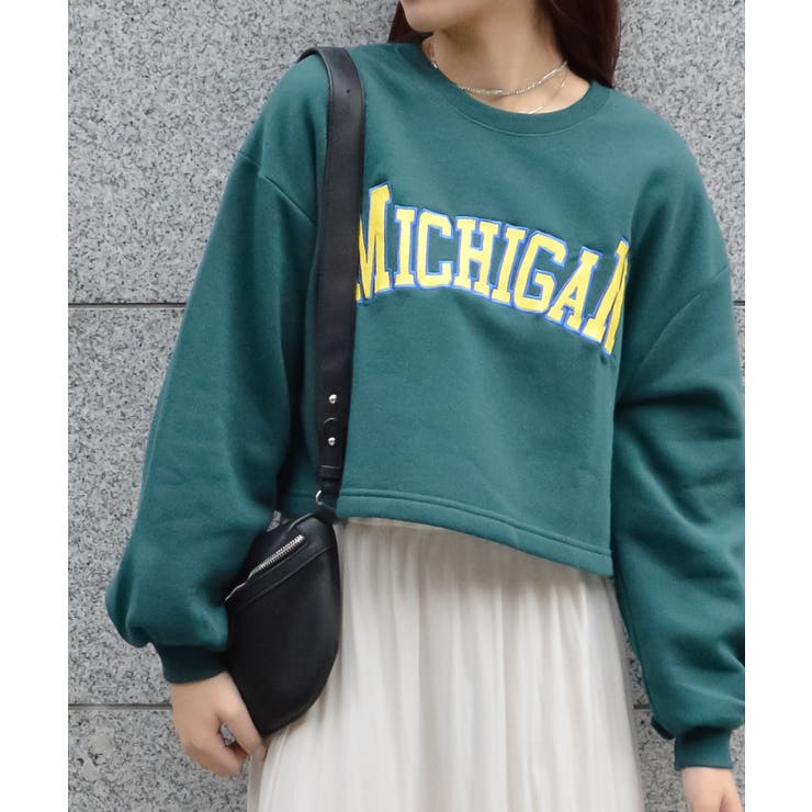 グリーン | カレッジロゴショート丈裏起毛トレーナー | ＆soiree