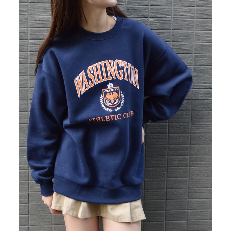 ネイビー | 裏起毛カレッジロゴオーバーサイズトレーナー | ＆soiree