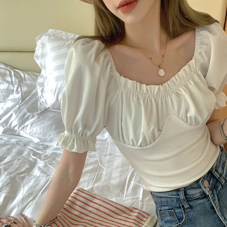 韓国ファッションギャザーパフスリーブクロップドトップス夏服セクシー | ＆soiree | 詳細画像4 