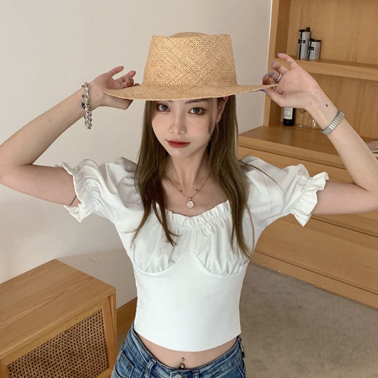 韓国ファッションギャザーパフスリーブクロップドトップス夏服