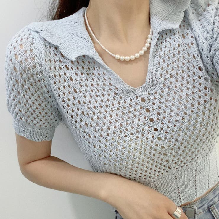 韓国ファッション透かし編みクロップドニット夏服セクシー | ＆soiree | 詳細画像1 