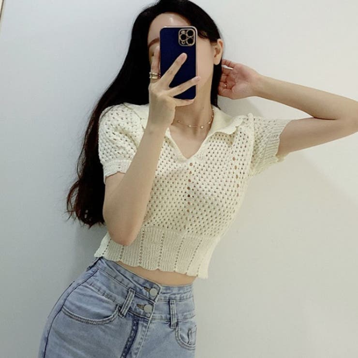 韓国ファッション透かし編みクロップドニット夏服セクシー[品番