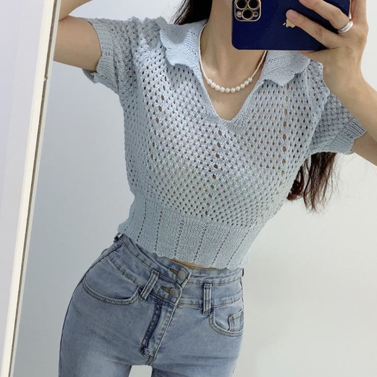 韓国ファッション透かし編みクロップドニット夏服セクシー | ＆soiree | 詳細画像2 