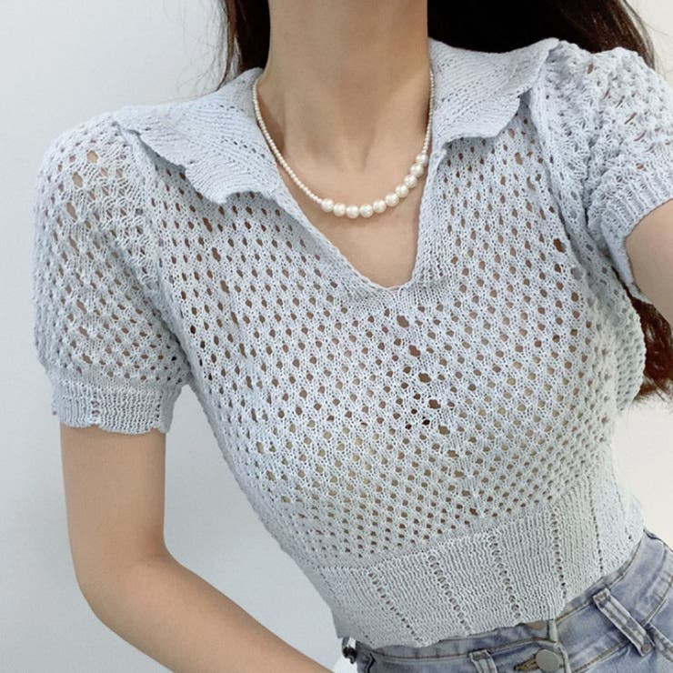 サックス | 韓国ファッション透かし編みクロップドニット夏服セクシー | ＆soiree