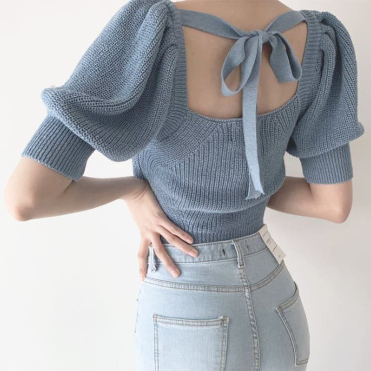 韓国ファッションニットトップス 半袖 バックリボン | ＆soiree | 詳細画像1 