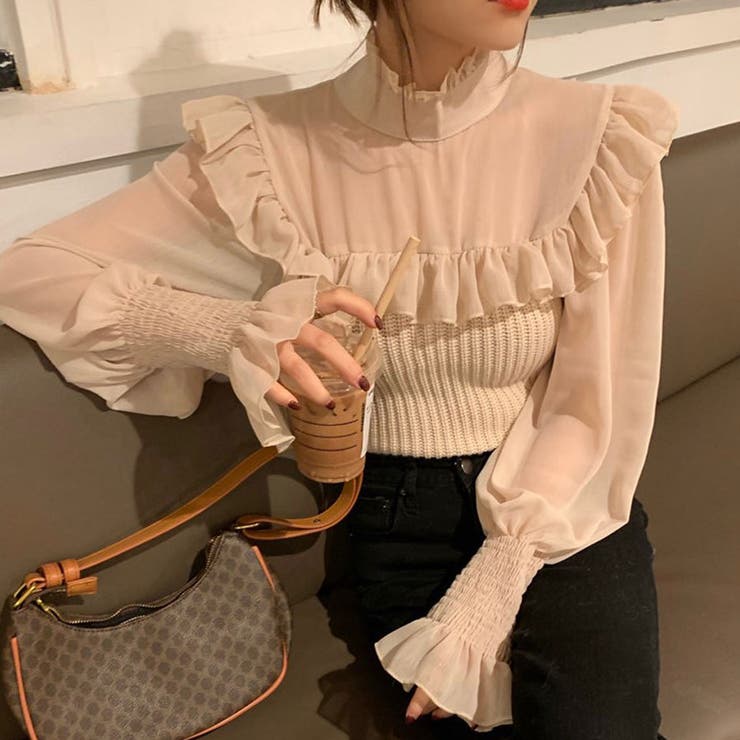 ライトベージュ | 韓国ファッションドッキングブラウス 異素材 トップス | ＆soiree