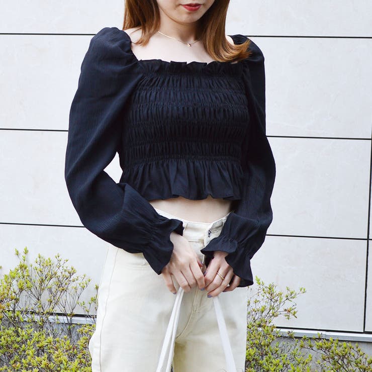 ブラック | ワッシャーシャーリングブラウス スクエアネック 韓国ブラウス | ＆soiree