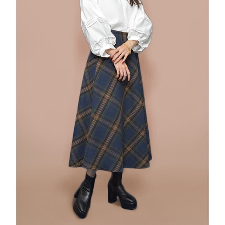 ネイビー | ハイウエストチェックロングスカート | ＆soiree