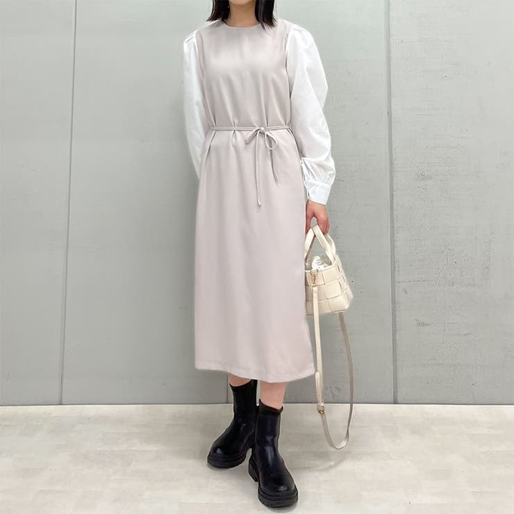 ベージュ | ラウンドネックウエストマークワンピース | ＆soiree