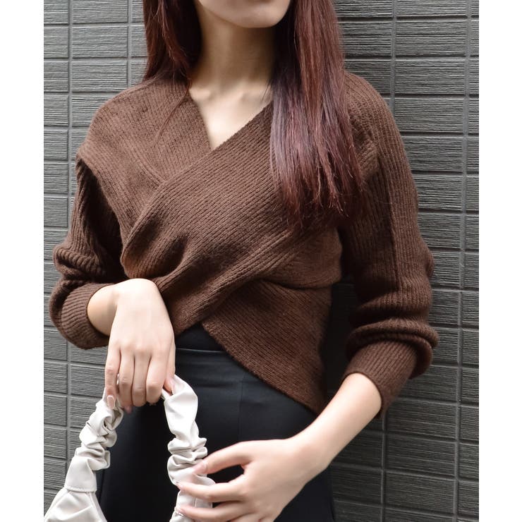ブラウン | フロントクロスニットトップス | ＆soiree