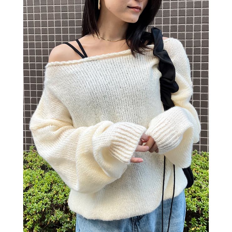 ADEAM ☆2021☆ 長袖 オフショル ニット サイズ0 ネイビー 紺 30%OFF】ケーブルクルー セーター - クラシックネイビー by Wilson
