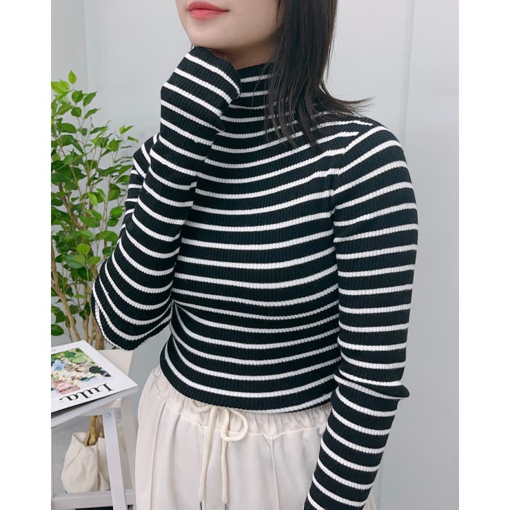 ブラックＢＤ | モックネックボーダーリブニット(指穴あり) | ＆soiree