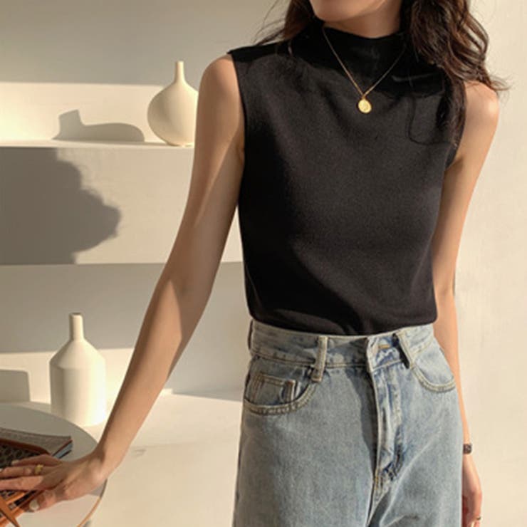 ブラック | セミハイネック サマーニット ノースリーブトップス | ＆soiree