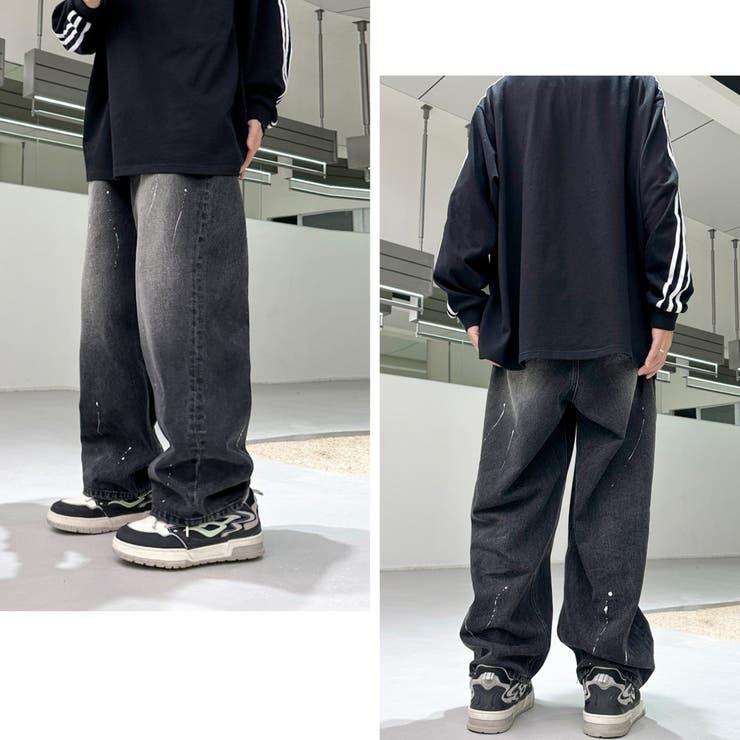パンツ ワイドパンツ デニム ストリート ロゴ ペイント セール】RandS/R サイドダメージデニム風ワイドパンツ