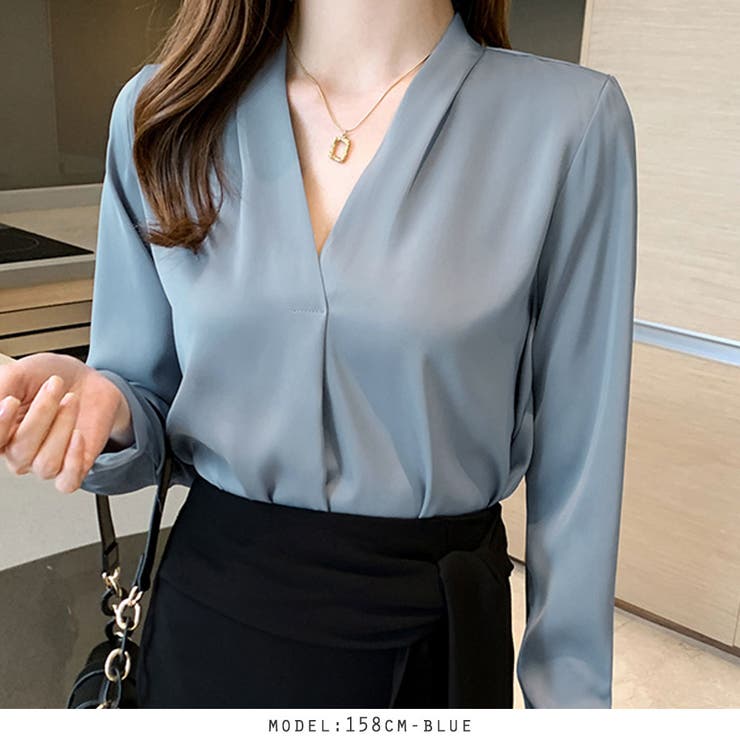 サテン調Vネックタックブラウス オフィスブラウス | RAKUku | 詳細画像15 