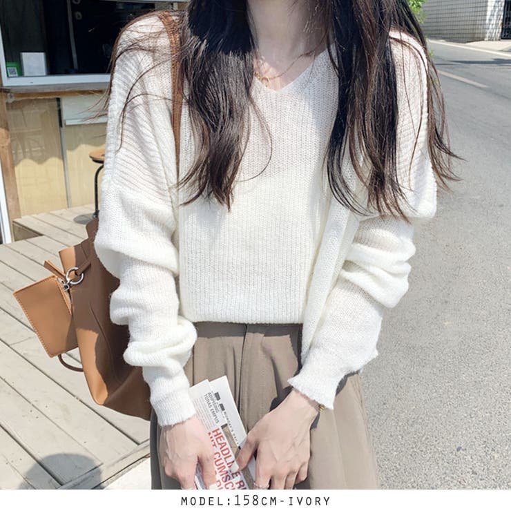 モヘア調ドロップショルダーVネックニット[品番：RKKW0002424]｜RAKUku