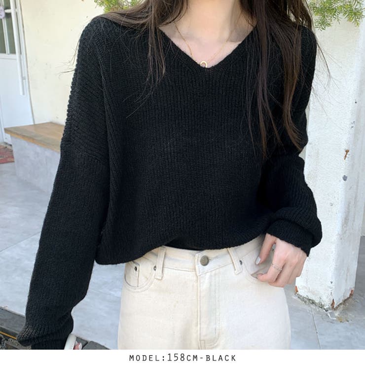 モヘア調ドロップショルダーVネックニット[品番：RKKW0002424]｜RAKUku