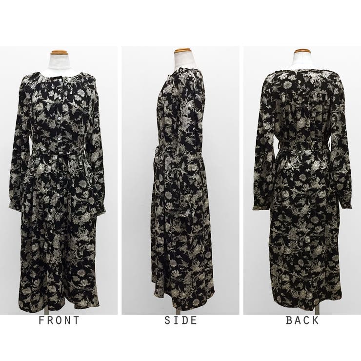 ウエストリボン花柄ロングワンピース[品番：RKKW0002475