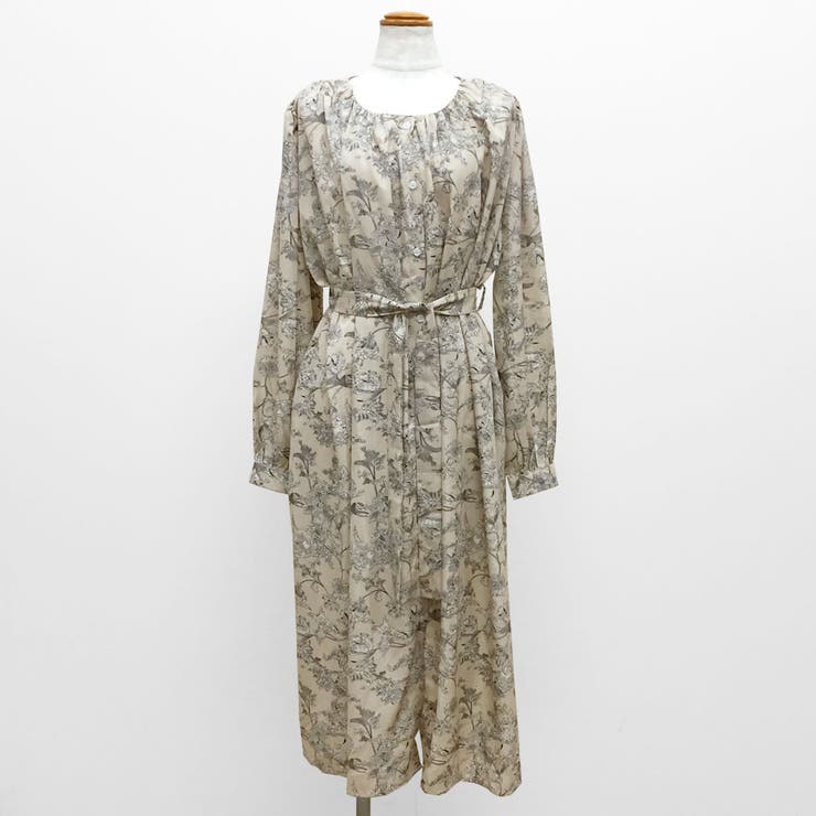 ウエストリボン花柄ロングワンピース[品番：RKKW0002475