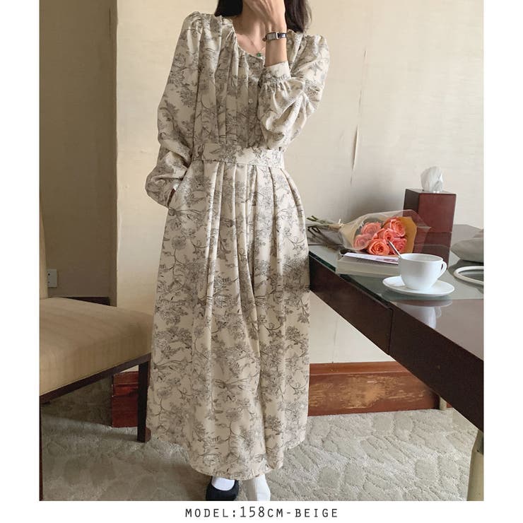 ウエストリボン花柄ロングワンピース[品番：RKKW0002475