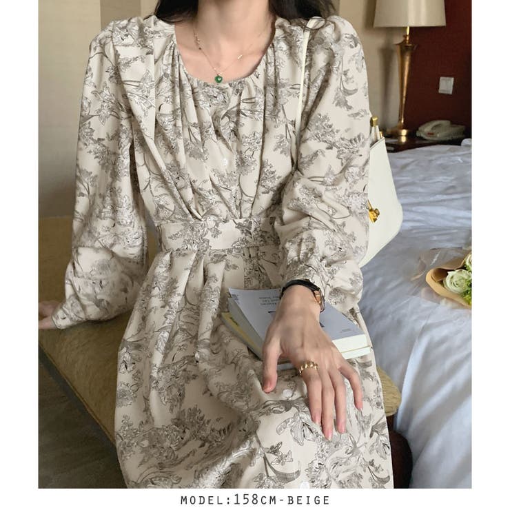 ウエストリボン花柄ロングワンピース[品番：RKKW0002475