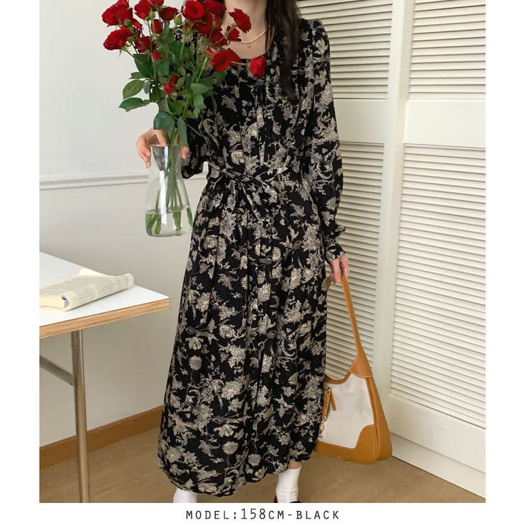 ウエストリボン花柄ロングワンピース[品番：RKKW0002475