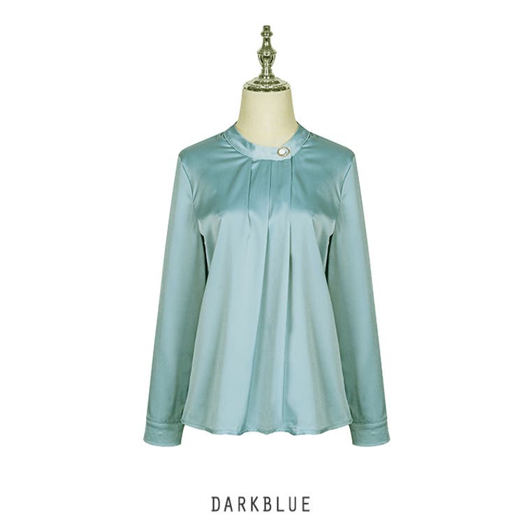 ダークブルー | ネックボタン ポイント オフィスブラウス 韓国ファッション | RAKUku