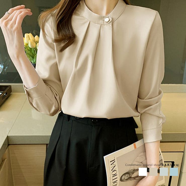ネックボタン ポイント オフィスブラウス 韓国ファッション | RAKUku | 詳細画像1 