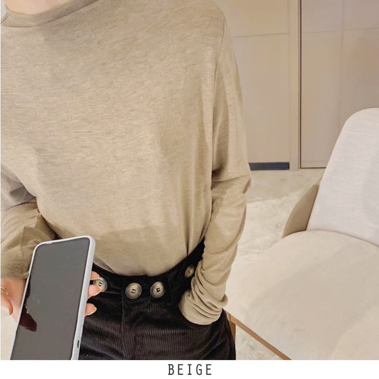 ベージュ | ハイネック カットソー 長袖 Tシャツ 5color 韓国ファッション | RAKUku