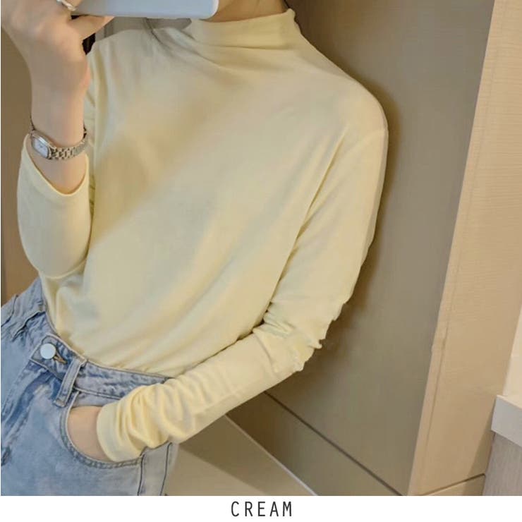 クリーム | ハイネック カットソー 長袖 Tシャツ 5color 韓国ファッション | RAKUku