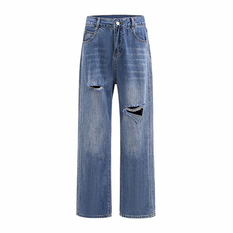 ブルー | ハイウエスト ダメージデニムパンツ | RAKUku